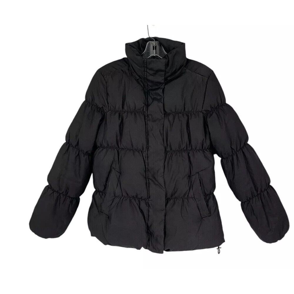 Gap Down Puffer Jacket Medium Black Zipper Snaps Pockets Womens